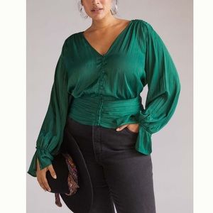 Anthropologie Puff balloon Sleeved Smocked emerald Green Satin Button Blouse